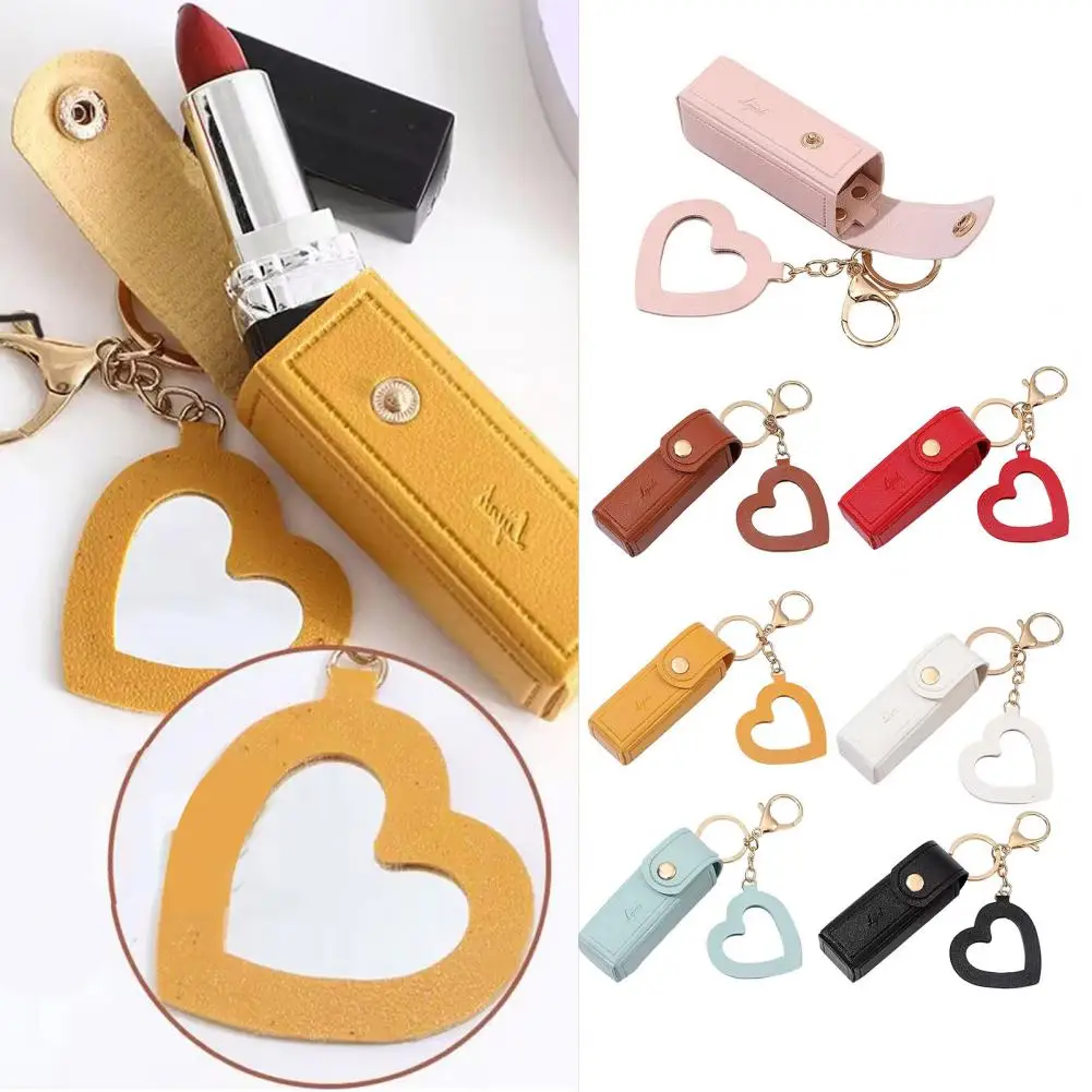 Metal Buckle Lipstick Holder Lipstick Bag Keychain with Lobster Clip Stainless Faux Leather Mini Lipstick Container Heart