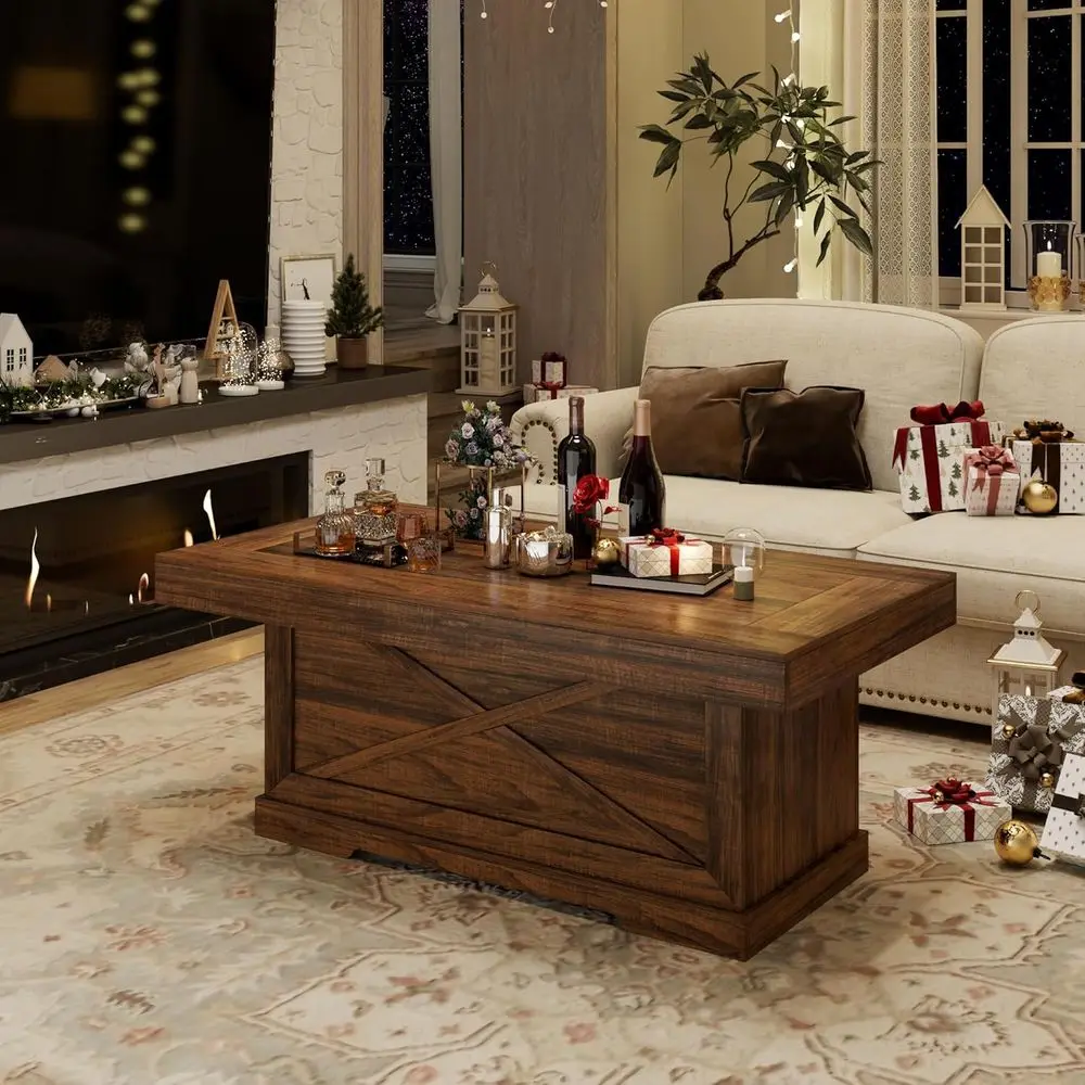 طاولة قهوة مستطيلة من خشب الجوز الريفي مع قاعدة بتصميم X لغرف المعيشة وتناول الطعام، طاولة مميزة موفرة للمساحة للشقة #5