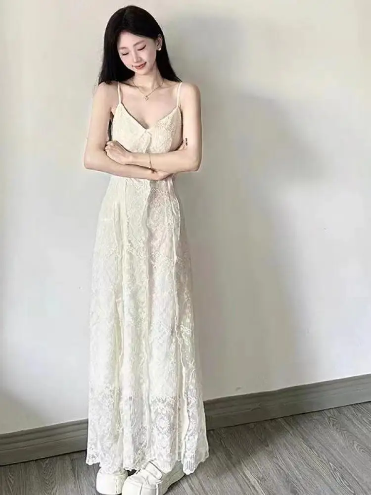 

French Summer Beige Lace V Neck Sexy Vacation Pleated Slip Long Dress Women Sleeveless Backless Ruffle Edge Party Evening Dress