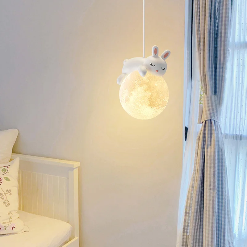 Bedside pendant light modern simple boy girl children room bedroom balcony hanging resin lamp round moon light