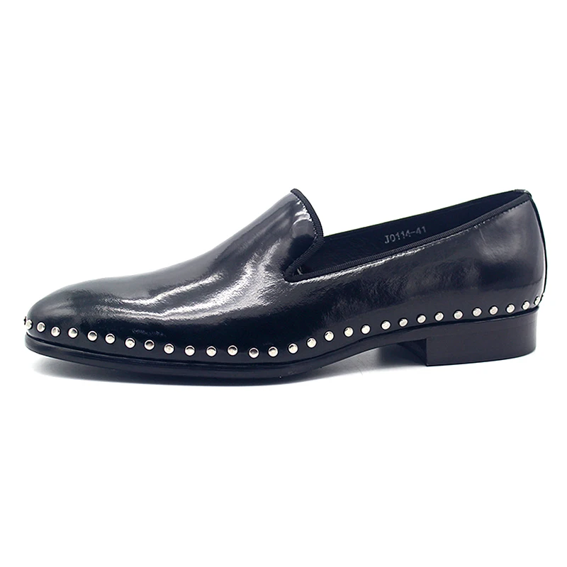 Black Glossy Patent Leather Slip‑On Loafers Silver Metal Stud Rivet Trim Men Round Toe Low Heel Punk Party Fashion Dress Shoes