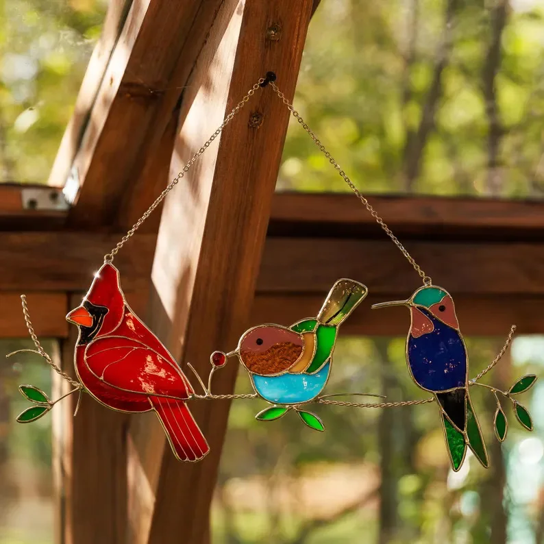 Bird Stained Glass Window Pendant Five-piece Set Bird Catcher Home Glass Bird Decoration Customization
