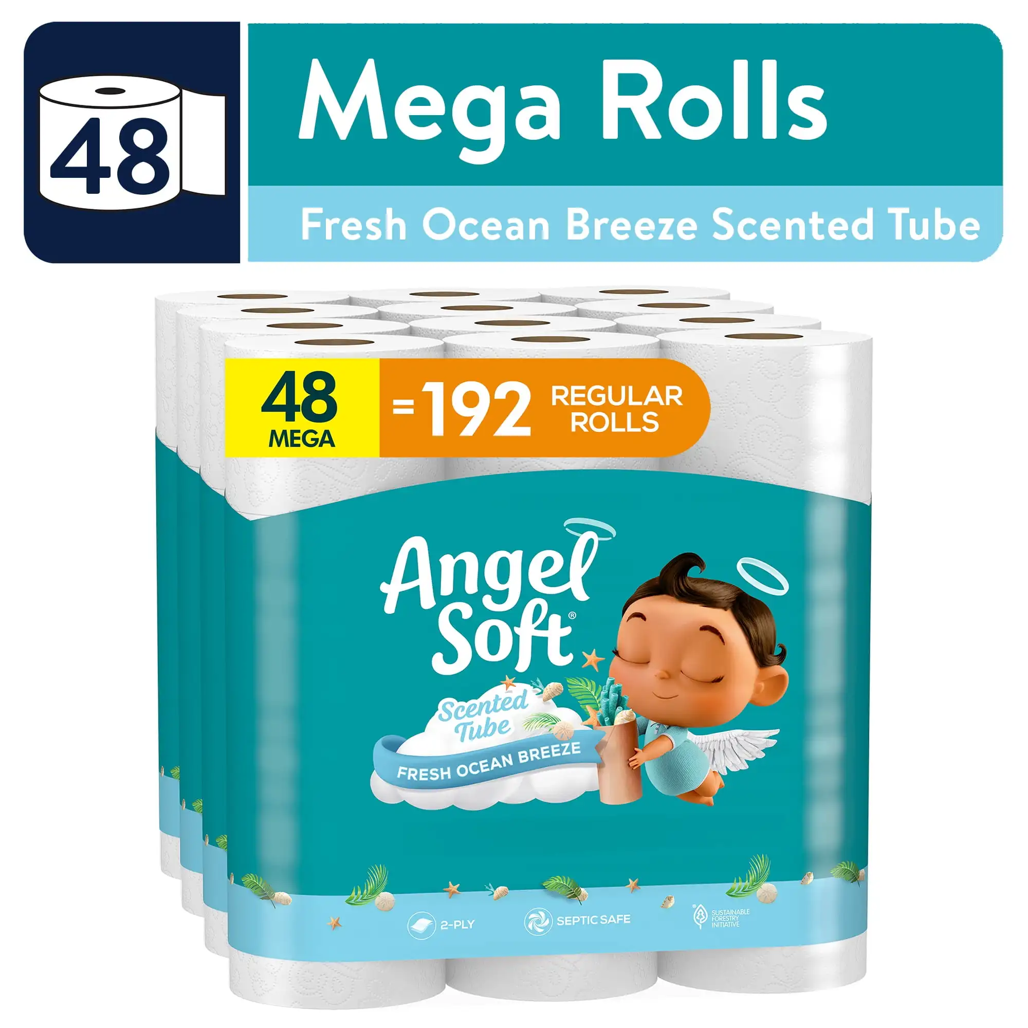 

2-Ply Toilet Paper, Fresh Ocean Breeze Scented Tube, 48 Mega Rolls