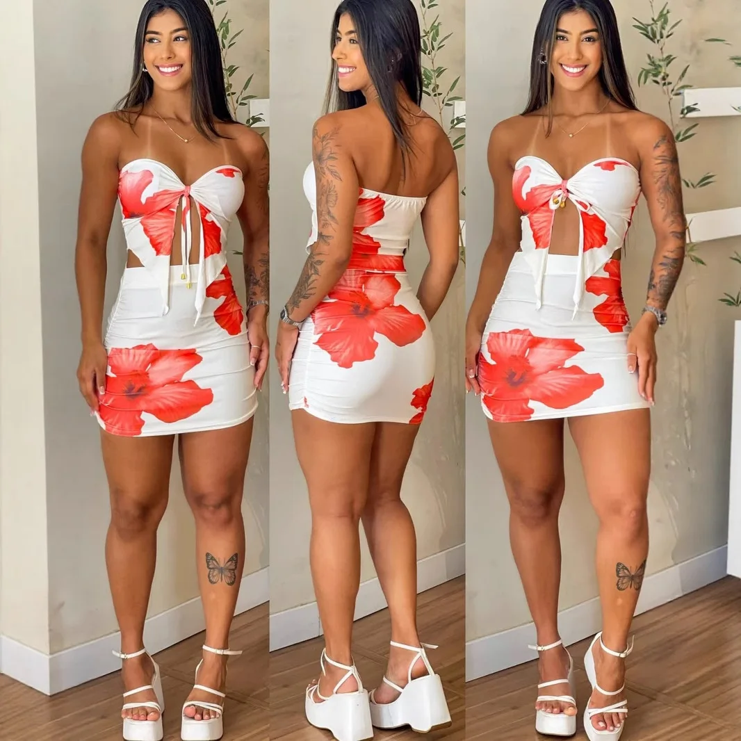 

Женский летний новый сексуальный топ с принтом в европейском и американском стиле, топ на шнуровке, плиссированный костюм с юбкой на бедрах