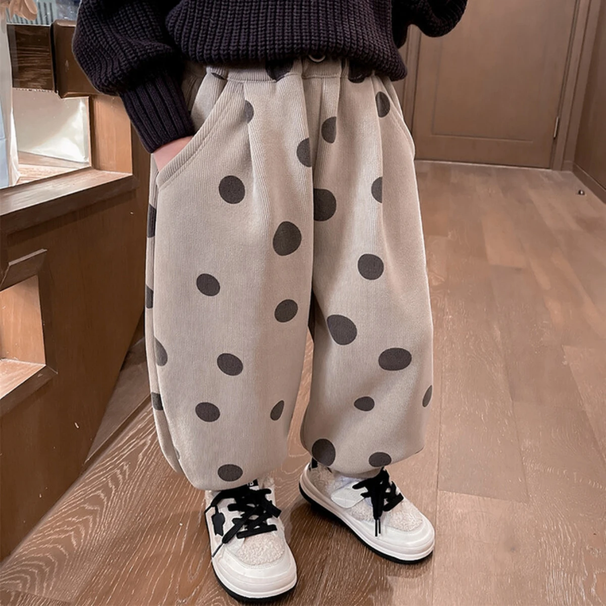 Girls Winter Pants Style Foreign Style Thickened with Fleece Polka Dot bloomers Pants