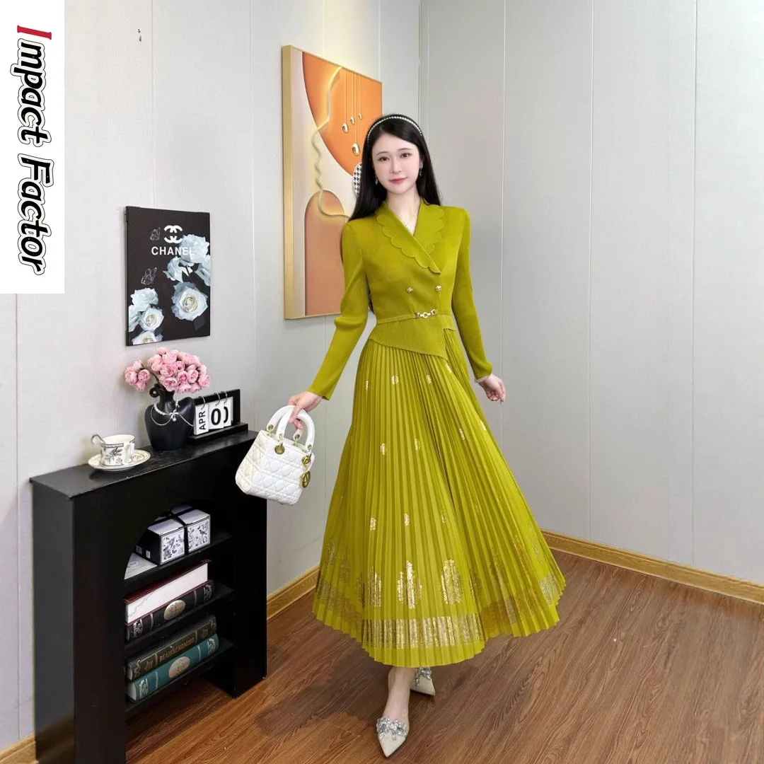 

Miyake New Pleated Dress Elegant Celebrity Temperament Long-sleeved Waist and Thin Niche Design Commuter Banquet Dress