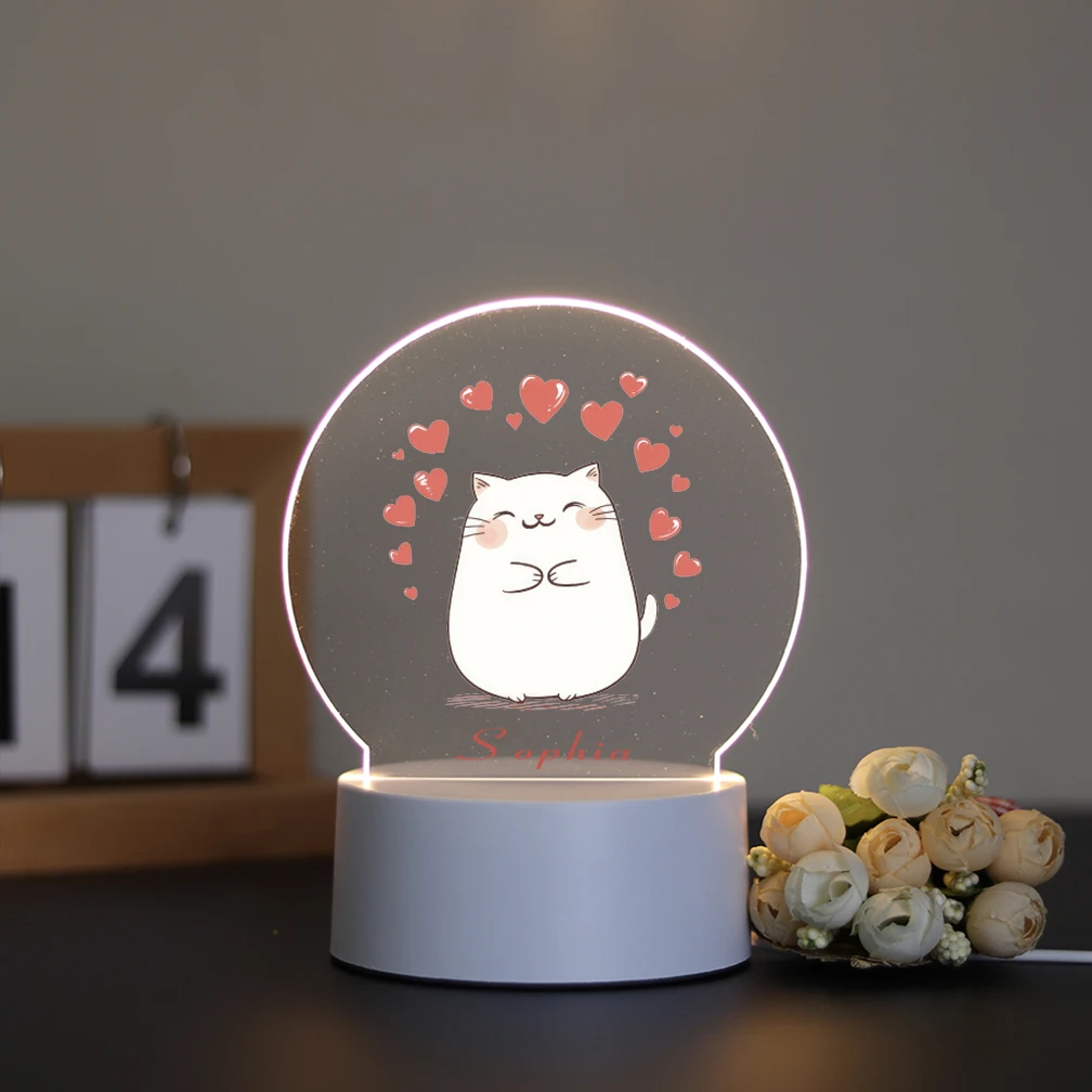 

Warm Home Custom Lamp Plaque Little white cat 2D Night Light Acrylic LED Atmosphere Desk Light Bedroom, living room decoration,