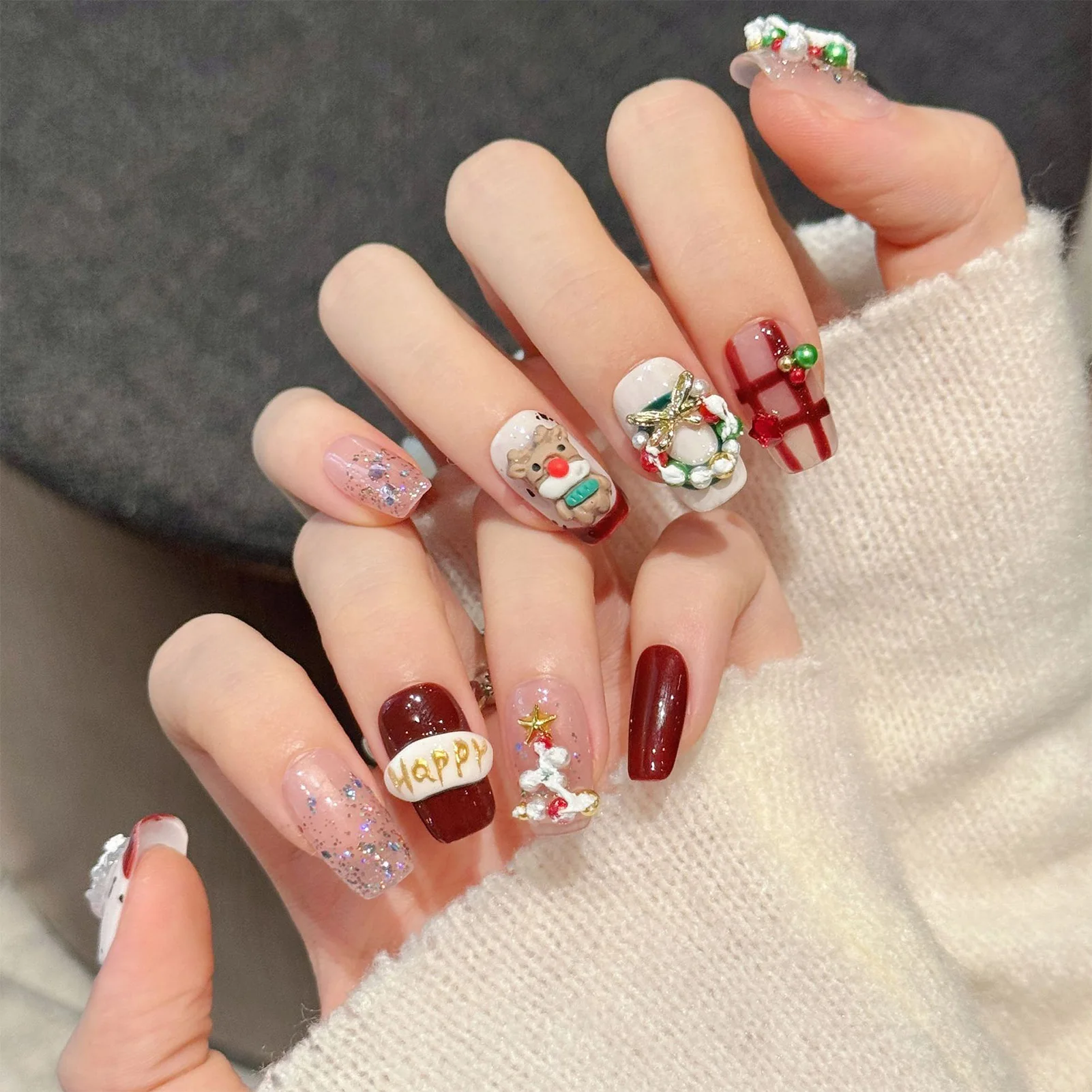 10 pçs curto artesanal natal imprensa em unhas glitter bowknot design unhas falsas wearable ins olho de gato unhas falsas dicas francesas