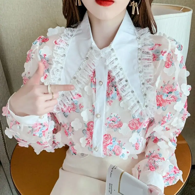 Sweet Peter Pan Collar Lace Diamonds Floral Shirts Women\'s Clothing 2023 Autumn Loose Korean Tops Office Lady Blouses