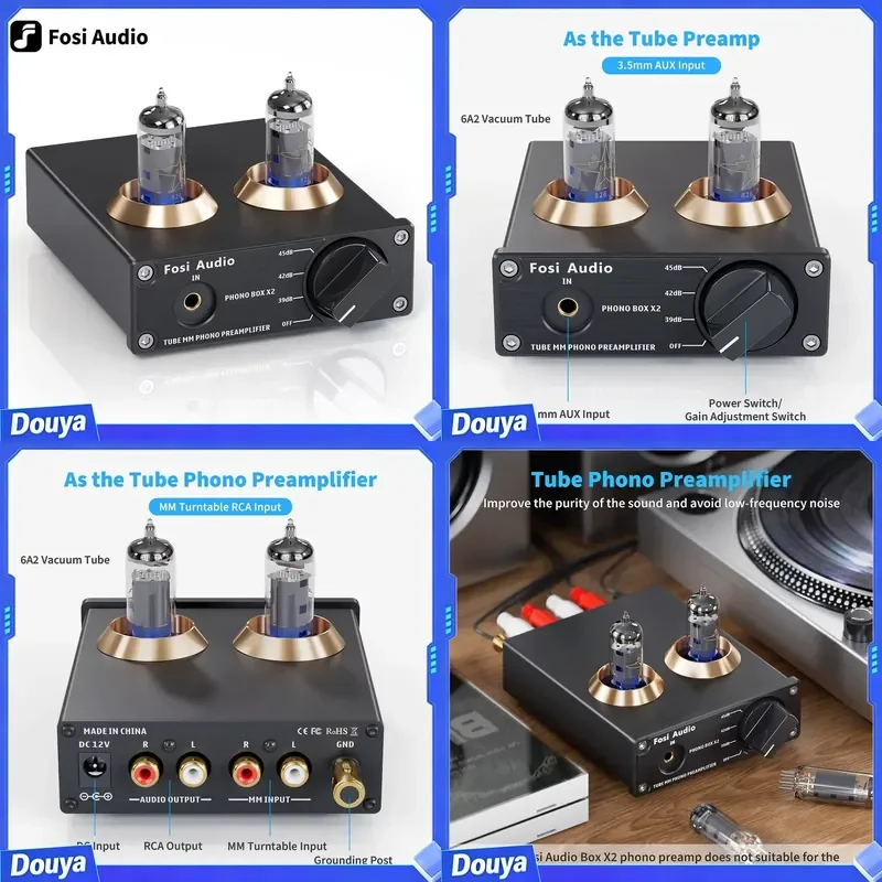 Fosi Audio Phono Preamp for Turntable Phonograph Preamplifier Mini Stereo Audio HiFi Vacuum Tube Amplifier Box X2 for DIY