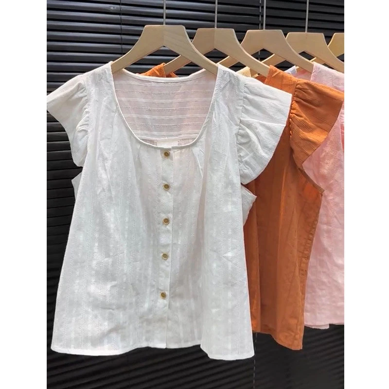 Women's Summer New Sle Hook Flower Hollow out round Ne Fly Sve irt ort Loose Slimming Casual Top Sweet Sle