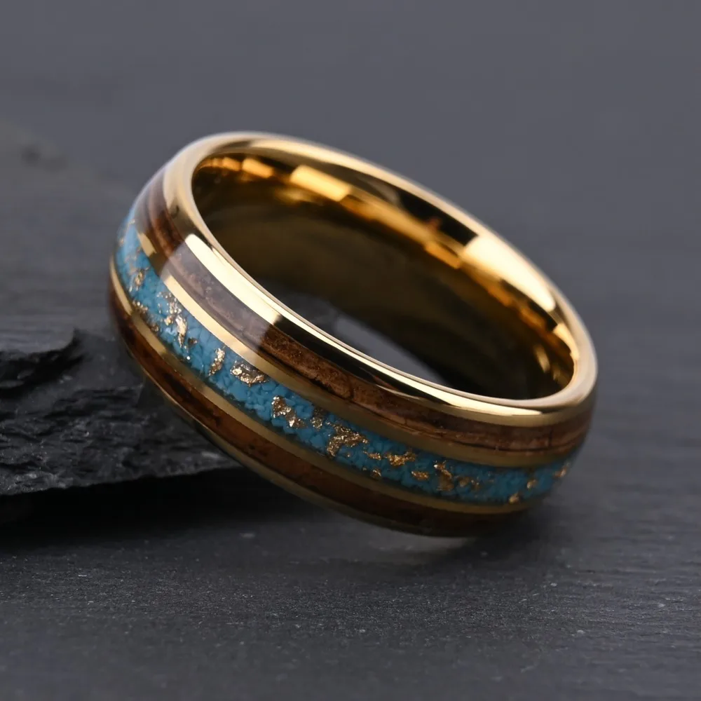 Somen 8mm Tungsten Carbide Ring For Men Koa Wood Crushed Turquoise Foil Inlay Wedding Band Engagement Anniversary Gift Anel view 2