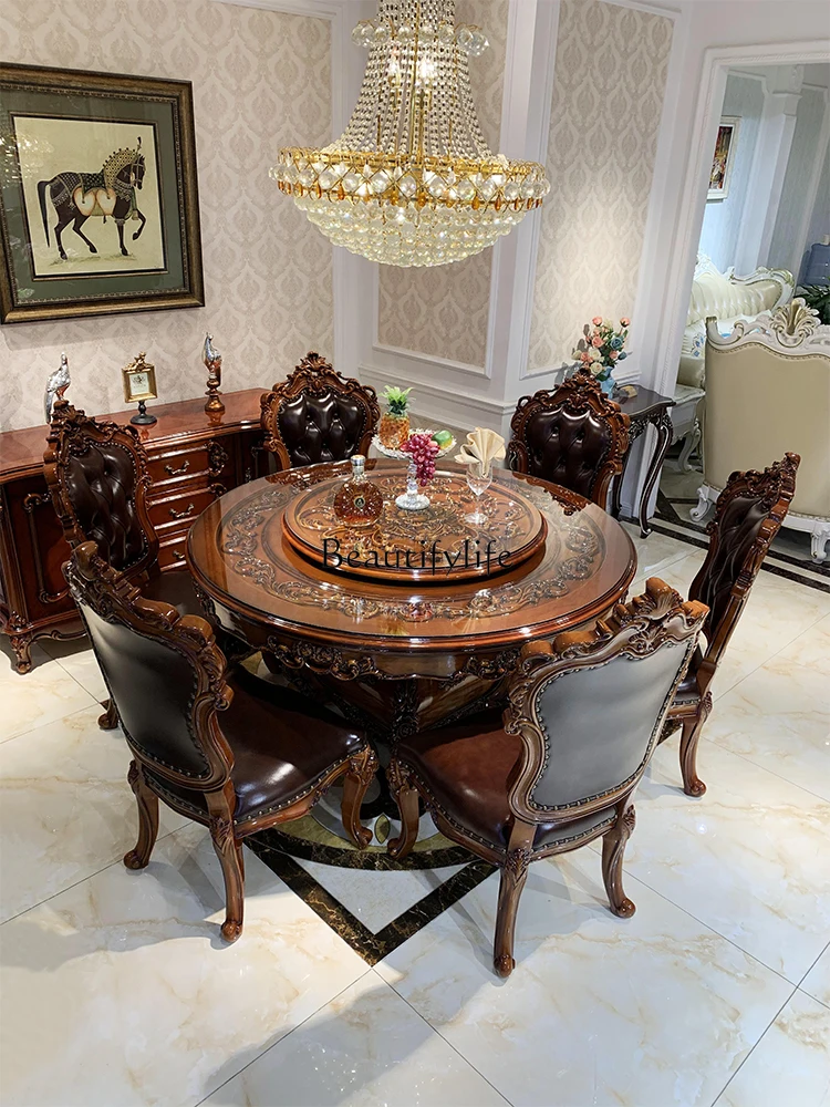 

European-Style Solid Wood round Dining Table and Chair Turntable American Style Luxury