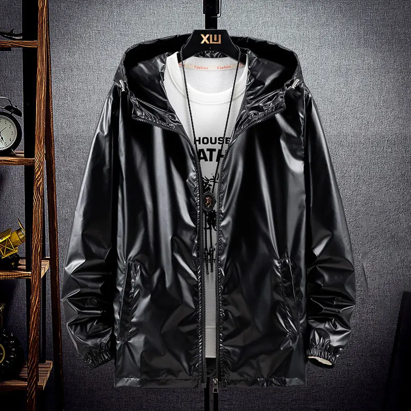 Men Shiny Jacket Shiny Silver Bright Hooded Zipper Bomber Jacket Autumn Thin Harajuku Windbreaker Waterproof Coats