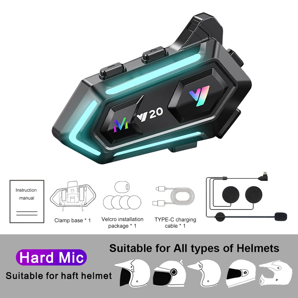 Y20 Motorradhelm Bluetooth-Headset BT5.3 Freisprechfunktion, kabellose Geräuschunterdrückung, wasserdichter Kopfhörer mit RGB-Beleuchtung_voghion.com