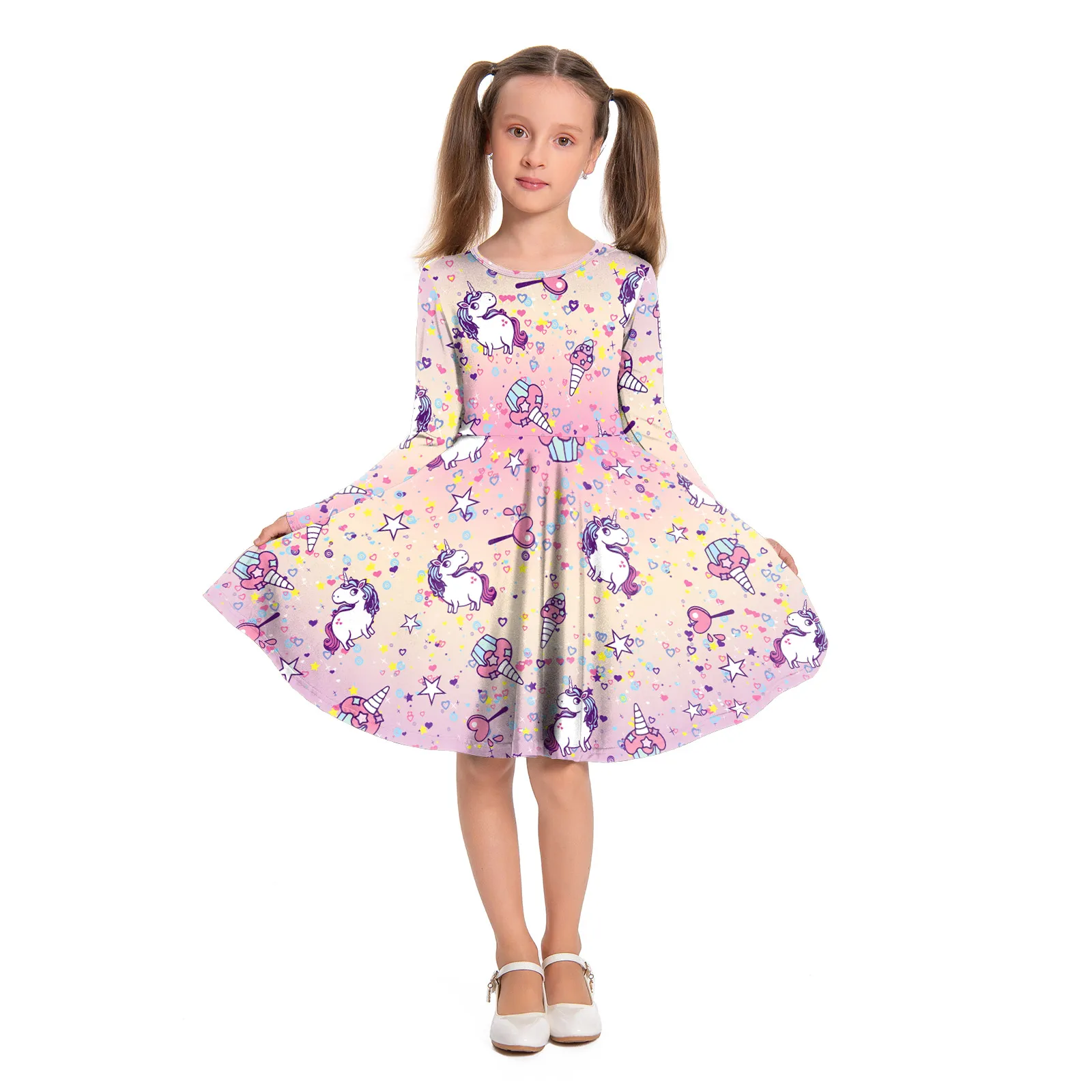 

Girl Dress Fashion Rainbow Horse Printing Kid Clothes Spring Autumn Casual Long Sleeves Dress Girls Birthday Party Gown Dress
