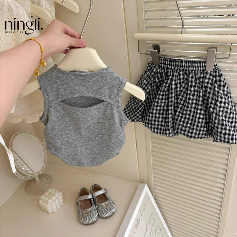 

Girls' Summer Suit2025New Stylish Baby Girl Vest Strap Bloomer Skirt Pants Two-Piece Set