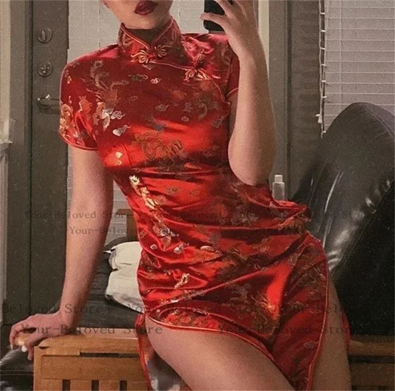 

Red Dragon Phoenix Jacquard Cheongsam Women'evening Party Dress Tradition Chinese Style Qipao Satin Short Vestidos Plus Size 6Xl