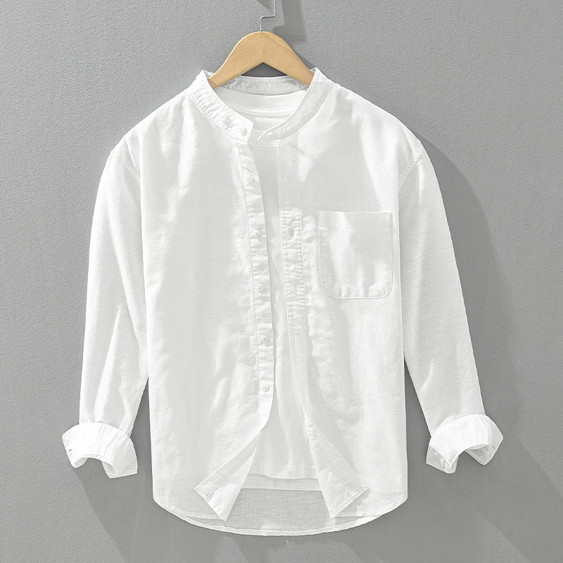 

Cotton Linen Long Sleeve Shirt for Men Stand Collar Loose Shirts No Bounce Solid Classic Fashion Men's Clothing