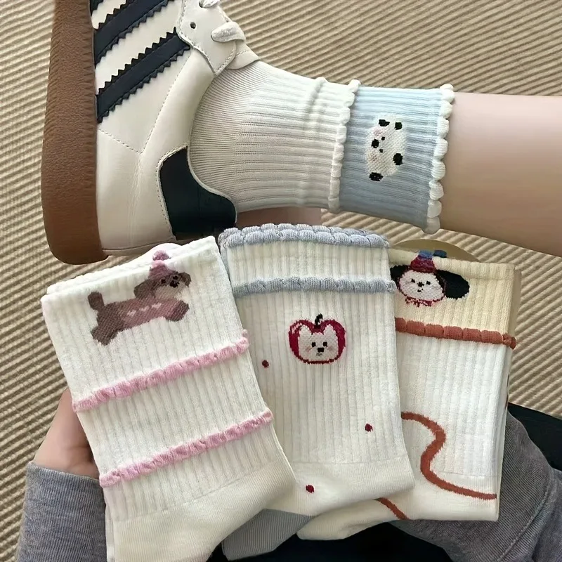 6-Pair Women's Cute Cartoon Rolled Cuff Mid-Calf Socks & Animal Pattern Soft and Adorable Slouch Socks