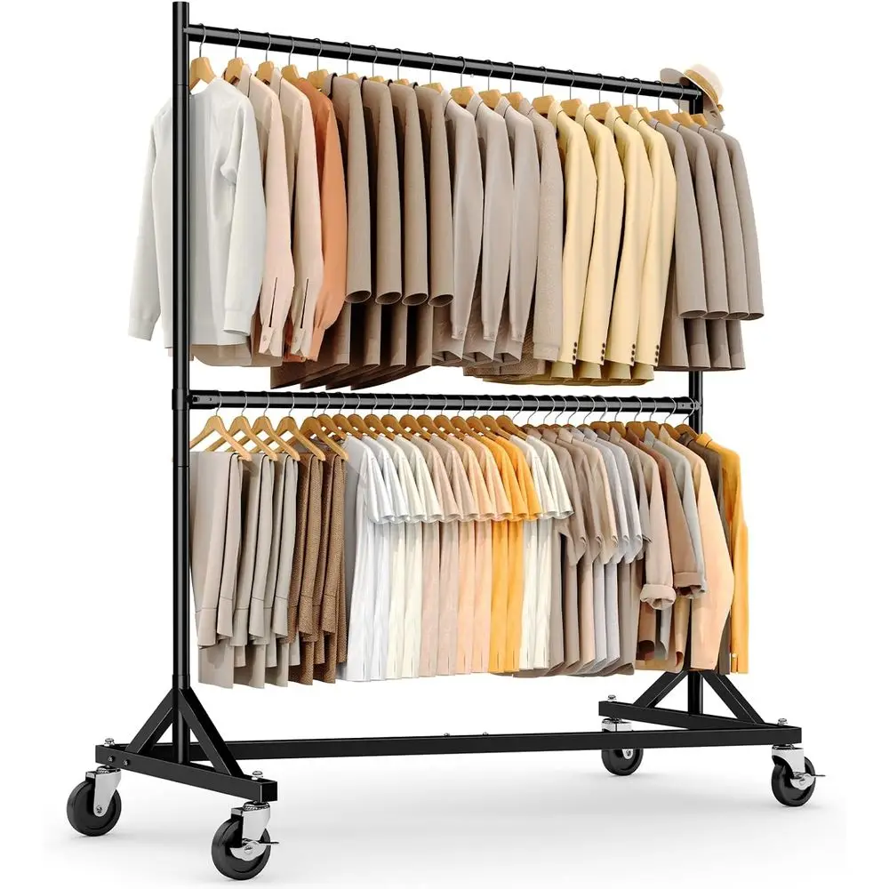 Z Rack, Clothes Rack Hold 550LB Adjustable Height Double Rod Black | Portable Z Rack, Commercial Large Storage Space, with Wheel