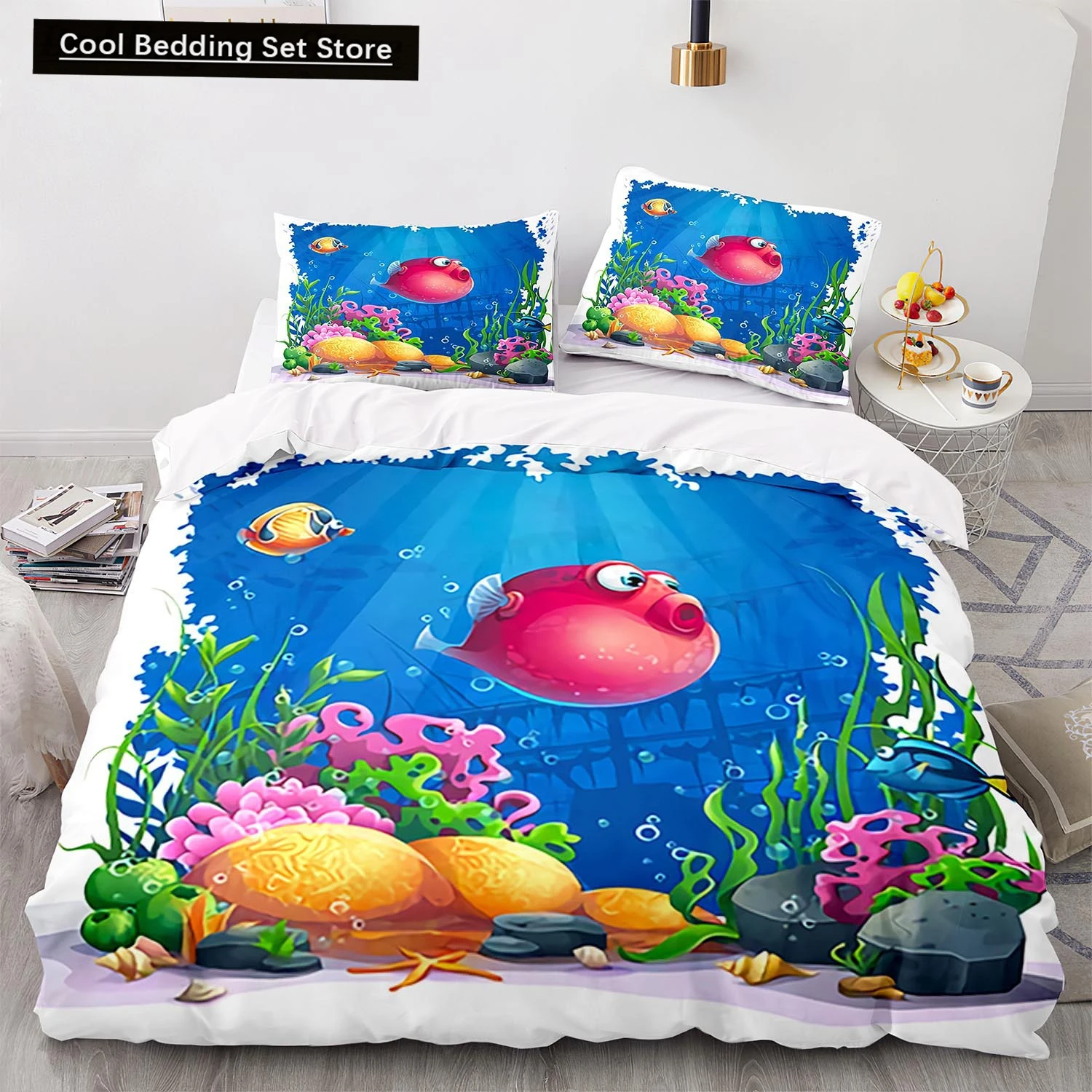 Underwater World King Queen Duvet Cover Cartoon Ocean Animal Bedding Set for Kids Fish Coral Sea Life Soft Polyester Quilt Cover