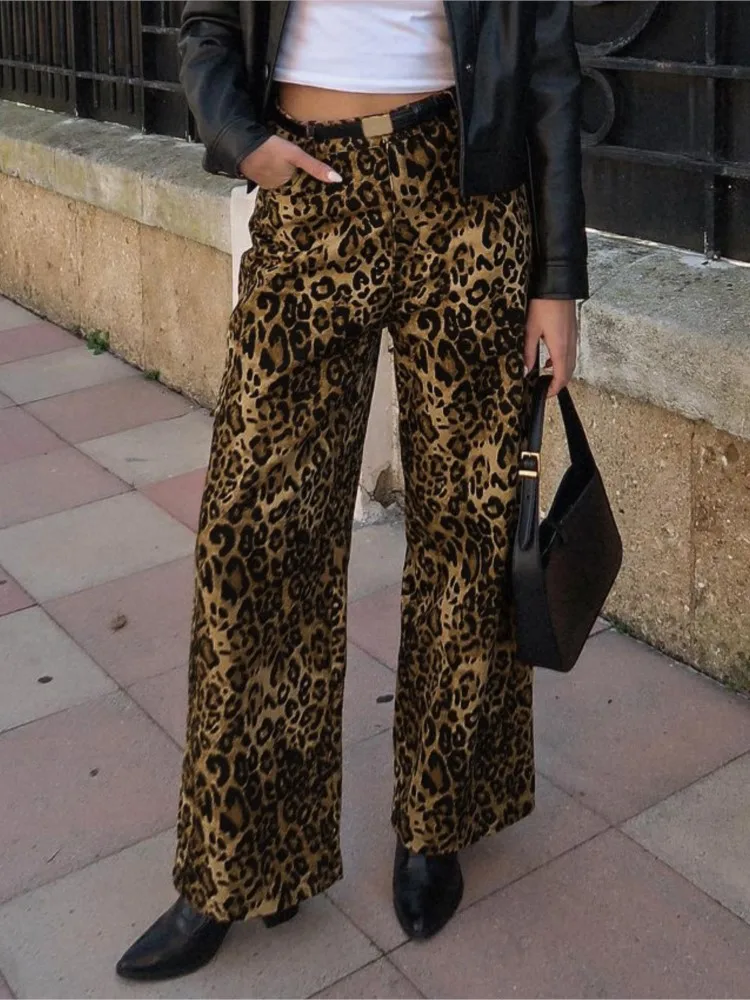 خريف موضة جديدة ريترو الساخن فتاة فضفاضة عالية الخصر ليوبارد سراويل تقليدية المرأة التنقل أنيقة تنوعا واسعة الساق بنطلون