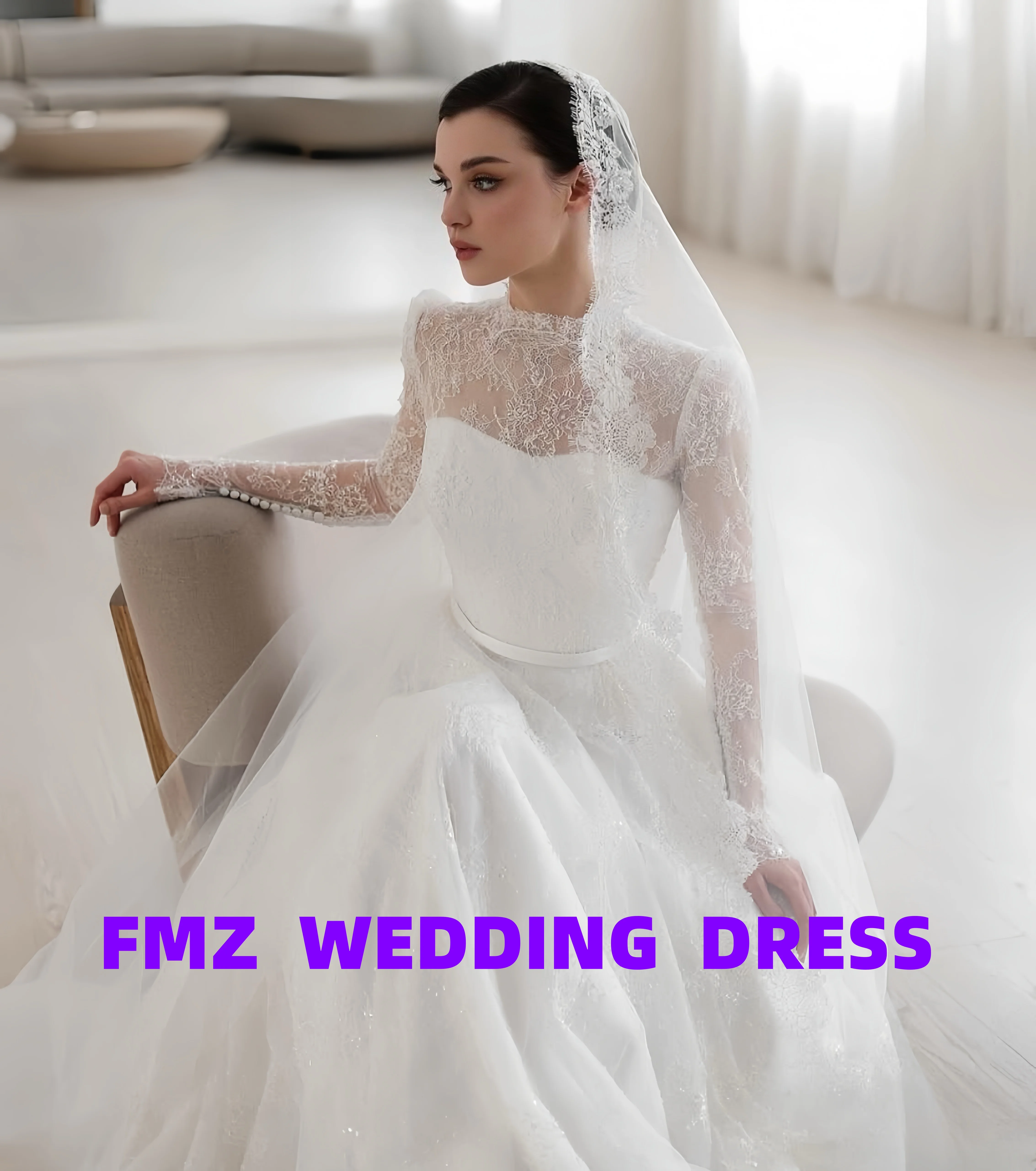 Personalizado cuello alto de manga larga A-LINE encaje elegante vestidos de novia vestido de novia vestidos para mujer bata de mariee