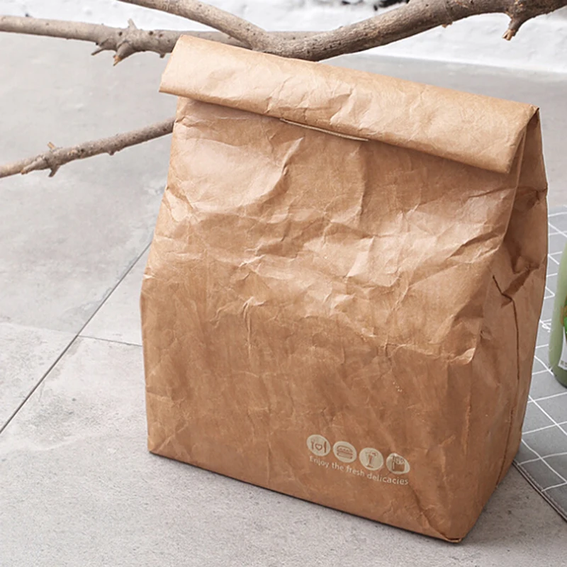 Brown Paper Lunch Bag Reusable Insulated Thermal Cooler Sack Magnetic Closure