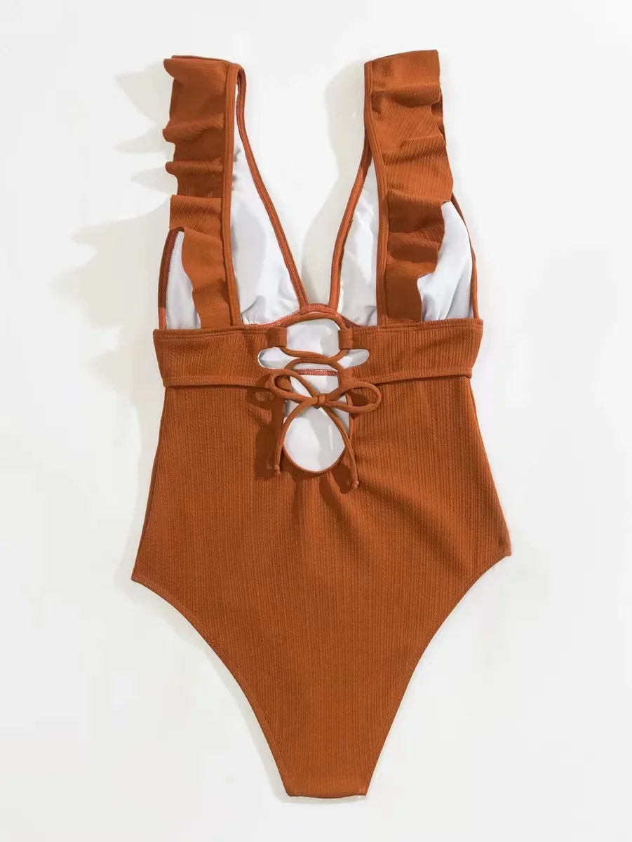 Frauen sexy Rüschen Badeanzug Sommer solide einteilige Dame Push-up Schnür verband Bodysuit tiefen V-Ausschnitt rücken freien Badeanzug