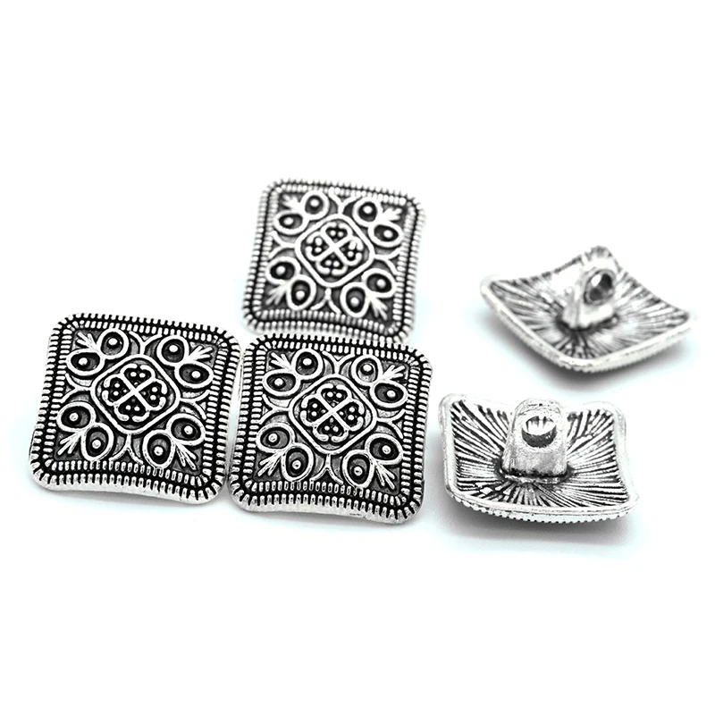 10Pcs/lot Silver Flower Metal Shank Button Geometric Square Antique For Clothes Jeans Sewing DIY Decorative Crafts