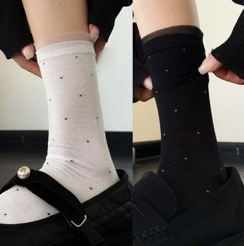 1/5pairs Sweet Summer Socks For Women Girls Thin Polka Dot Sock Hollow Out Loose Socks Casual Basic Fashion Long Socks Comfort