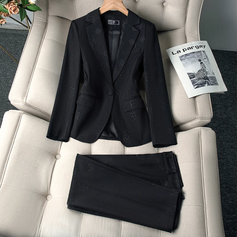 ZJYT Autumn New Office Lady Formal Jacket and Pant Sets 2 Pieces Womens Outfit Elegant One Button Blazer Suit Trousers Female