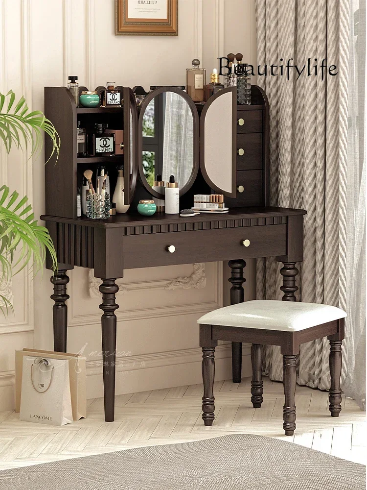 

American light luxury retro solid wood master bedroom dresser table French makeup table with storage box