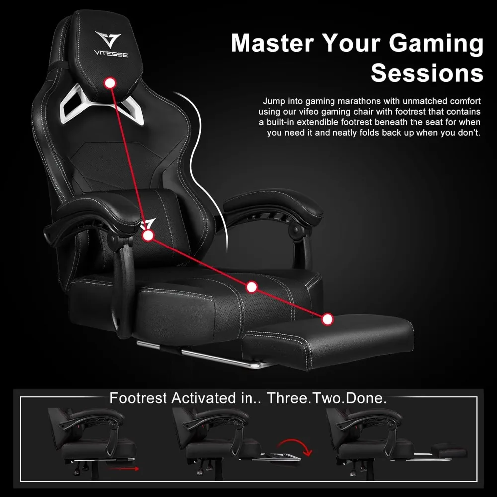 Silla ergonómica para juegos para adultos con reposacabezas de gran tamaño, diseño grande y alto, capacidad de 400 lb, reposapiés incluido, V cómodo