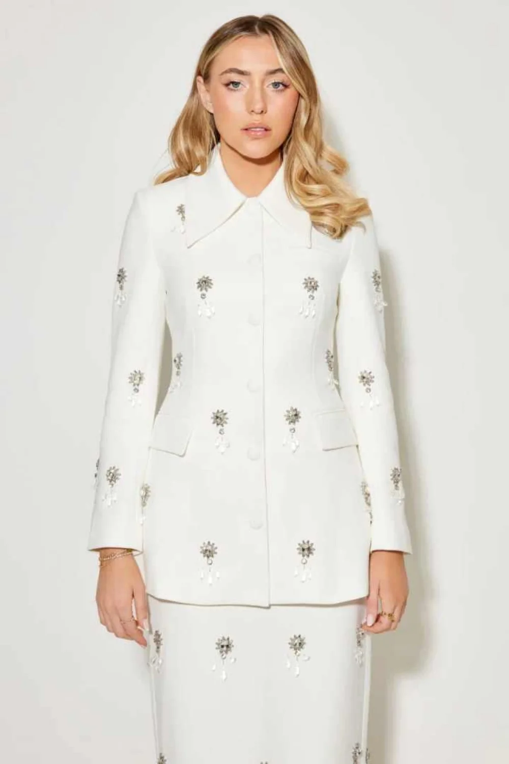Chic Women Suits 2 Piece Blazer Skirts Single Breasted Beads Crystal Formal Banquet Party Occasion Customized