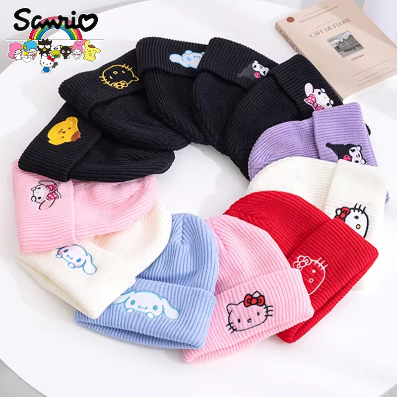 Sanrio Kawaii Hello Kitty Unisex Knit Hat Cute Kuromi Cinnamoroll Warm Stretchy Hats Outdoor Sports Hat Winter Knitted Cap Gifts