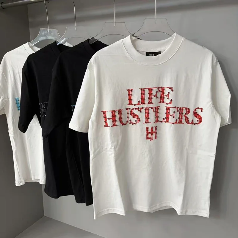 

.LIFE HUSTLERS Street Hip Hop Rhinestone Letter Logo Summer Men Women Trendy Short Sleeve T Shirt