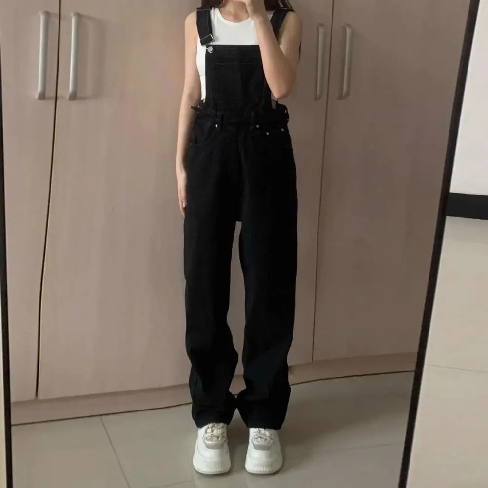 Women Overalls Vintage Sleeveless Wide Leg Jumpsuit with Pockets Women's High Waist Preppy Style Overalls Loose Fit Streetwear