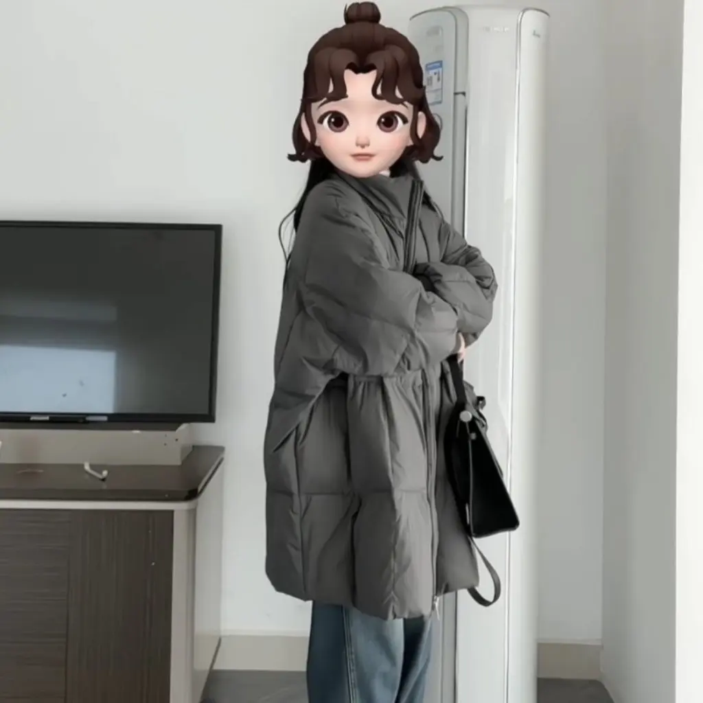 เสื้อโค้ทผ้าฝ้ายบุนวมสไตล์เกาหลีสำหรับผู้หญิง รุ่นใหม่ ความยาวปานกลาง ทรงหลวม คลุมเข่า หนา อินเทรนด์