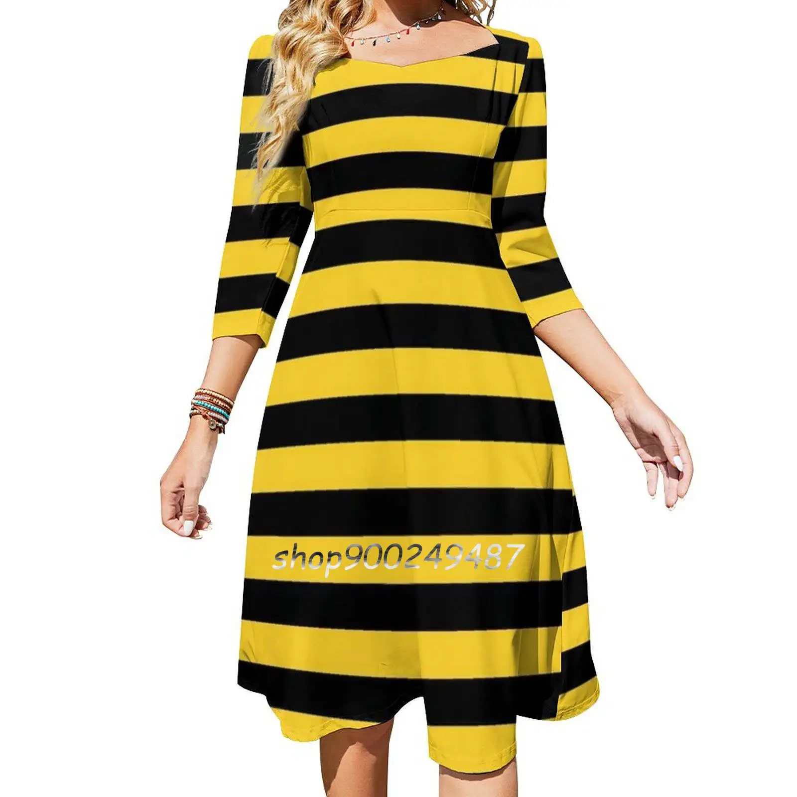 Yellow And Black Honey Bee Stripes Square Neck Dress Sweet Summer Dress Women Elegant Halter Print Dress Yellow Black Honey Bee