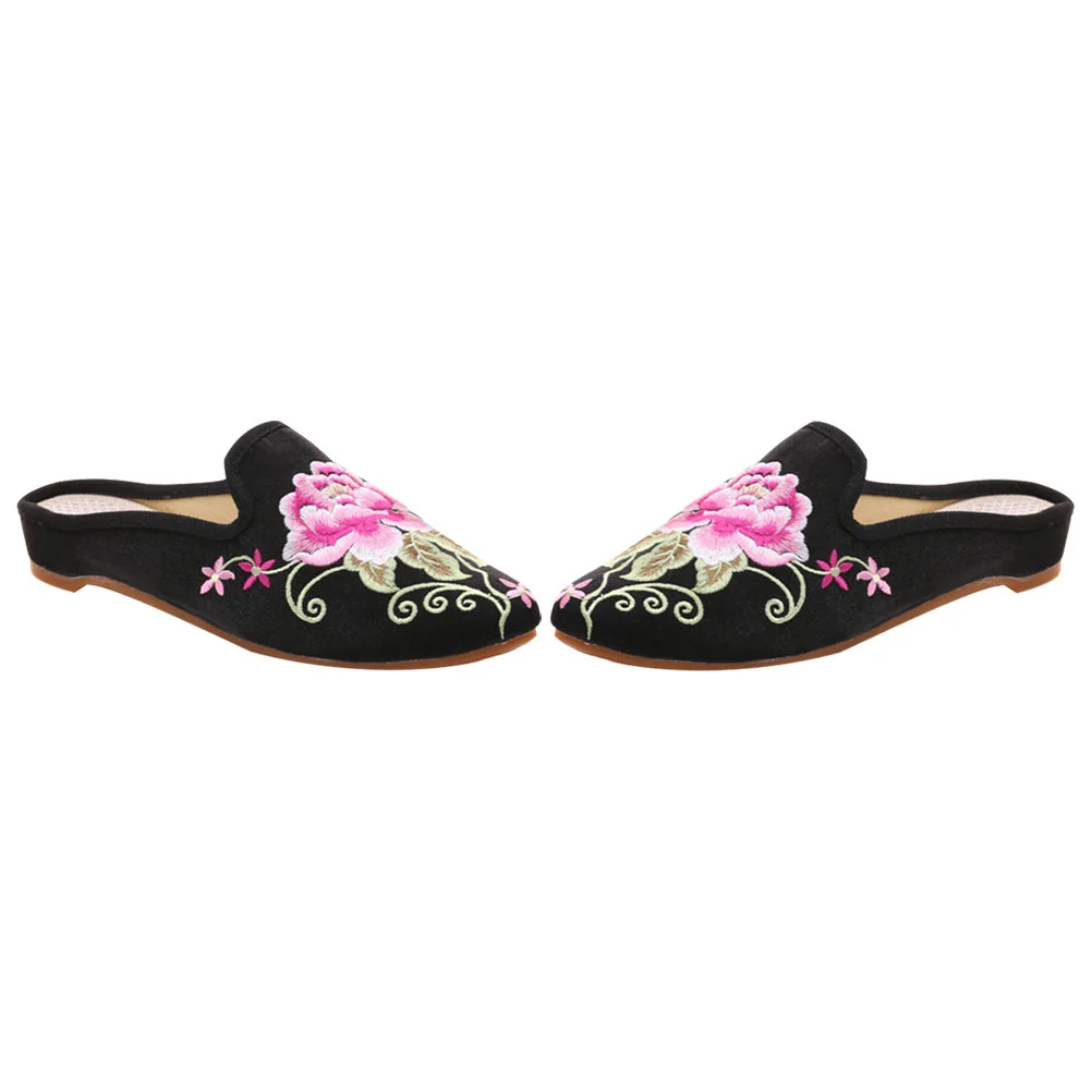 

Women's House Shoes Pointed Toe Embroidered Slippers Black Ethnic Style Floor Shoes Soft Comfortable Wear Premium