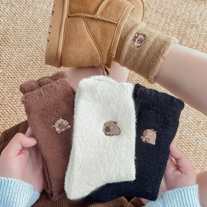 

5 пар уютных бархатных носков из норки, женские милые зимние чулочно-носочные изделия с рисунком капибары, утепленные теплые носки для сна, домашние пушистые кавайные носки