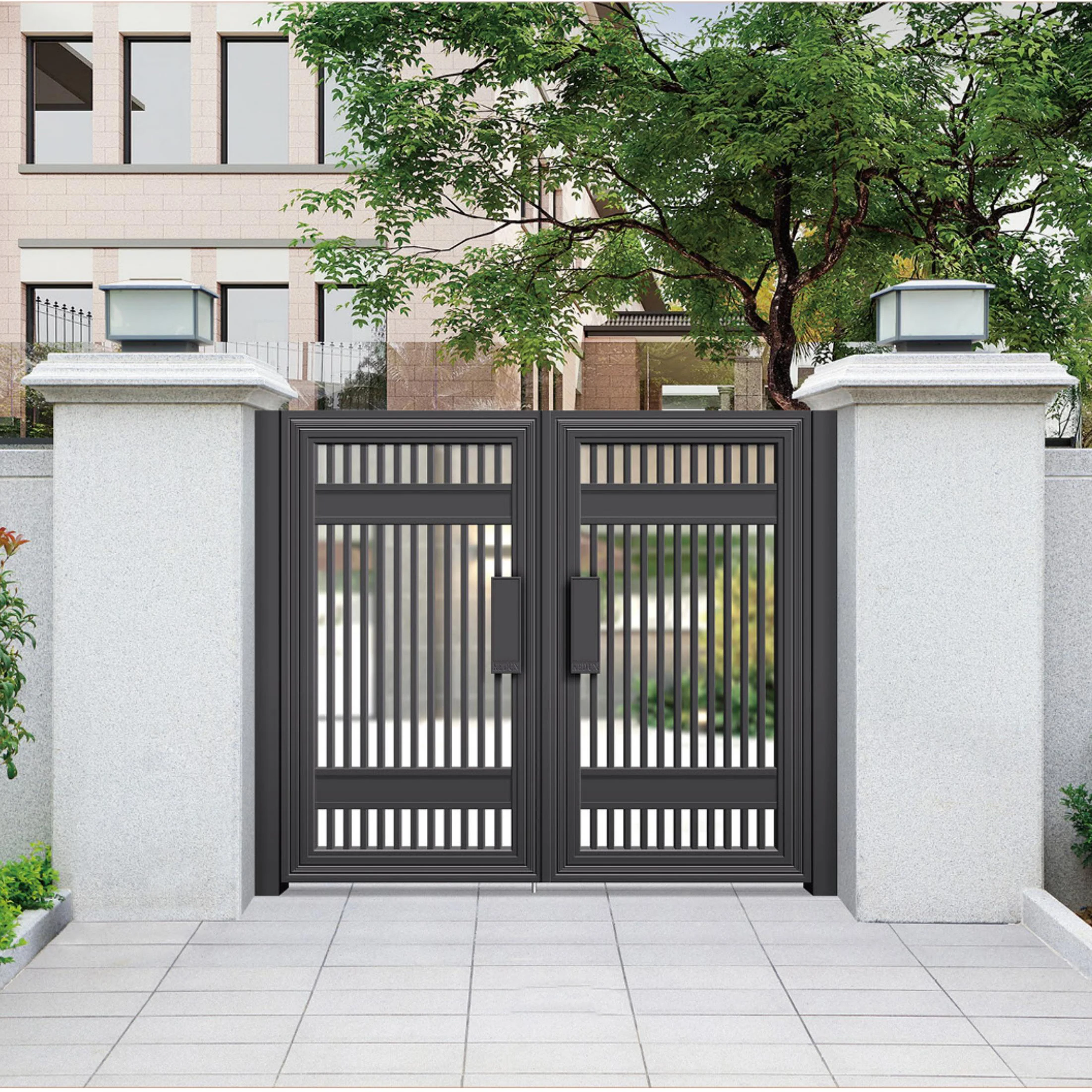 Metal Frame Automatic Swing Aluminum Gates Courtyard Villa Garden Entrance Security Fence Eco-Friendly Rodent Proof Gray