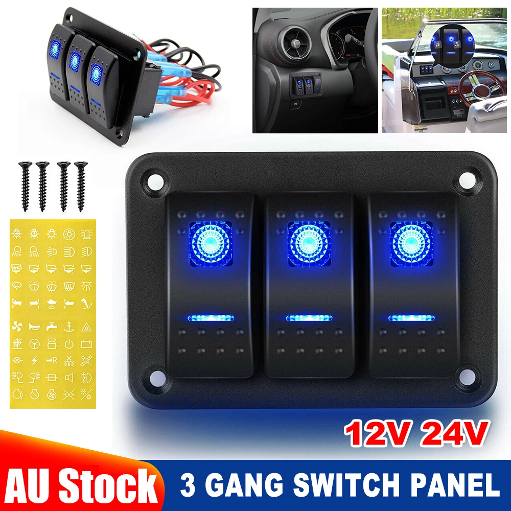 3 Gang Rocker Switch Panel ON-OFF Toggle Dual USB 12V 24V Car Boat Power Socket