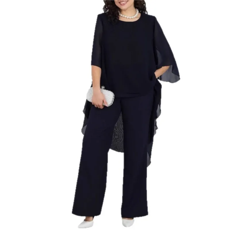 أزياء بلون الشيفون بانت مجموعات الخريف جديد عارضة قطعتين ملابس امرأة أنيقة فضفاضة مكتب حزب كلوبوير مجموعات الصلبة #4