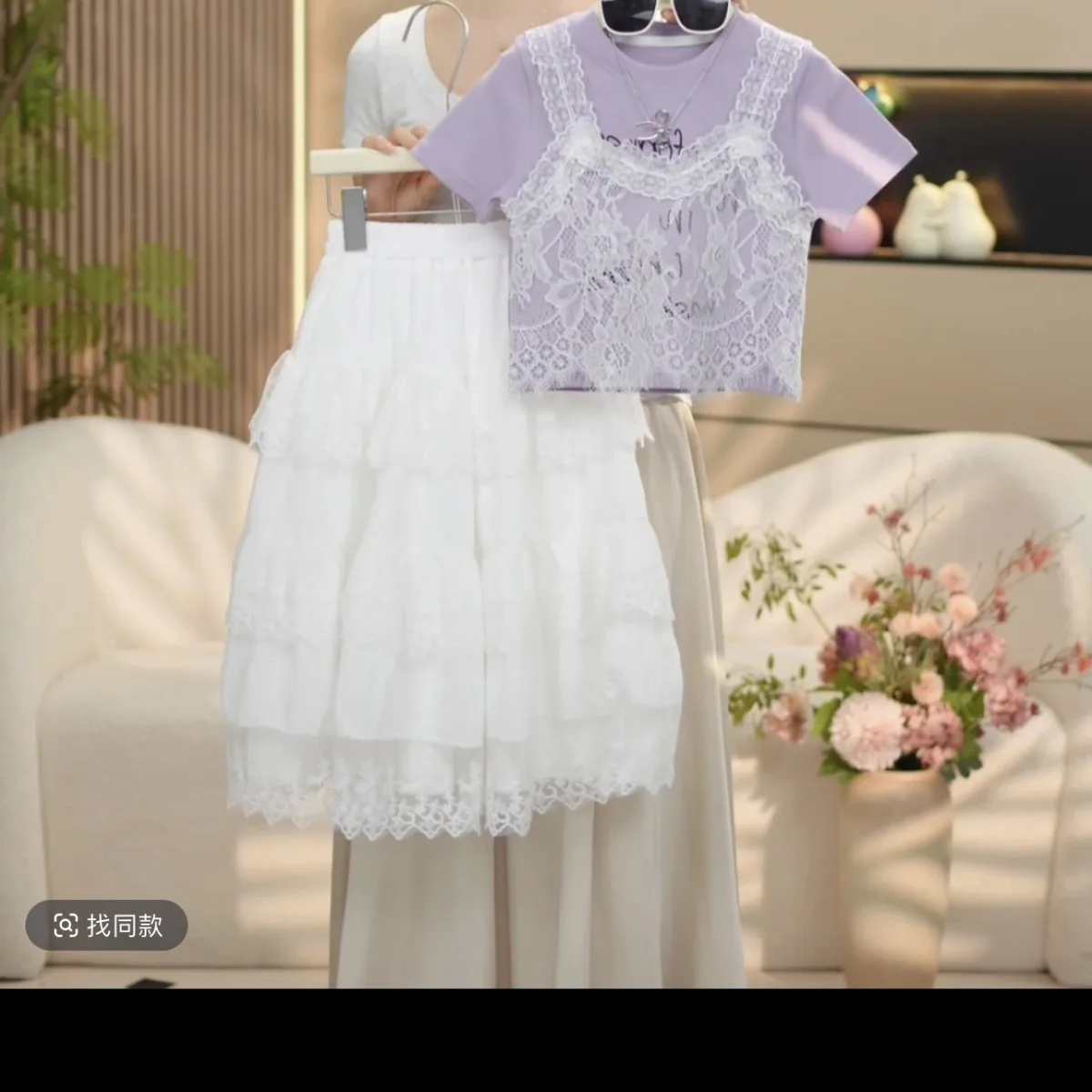 

Girls' Summer Dress Set New Children's Elegant Short sleeved T-shirt Half skirt Lace Two piece Set