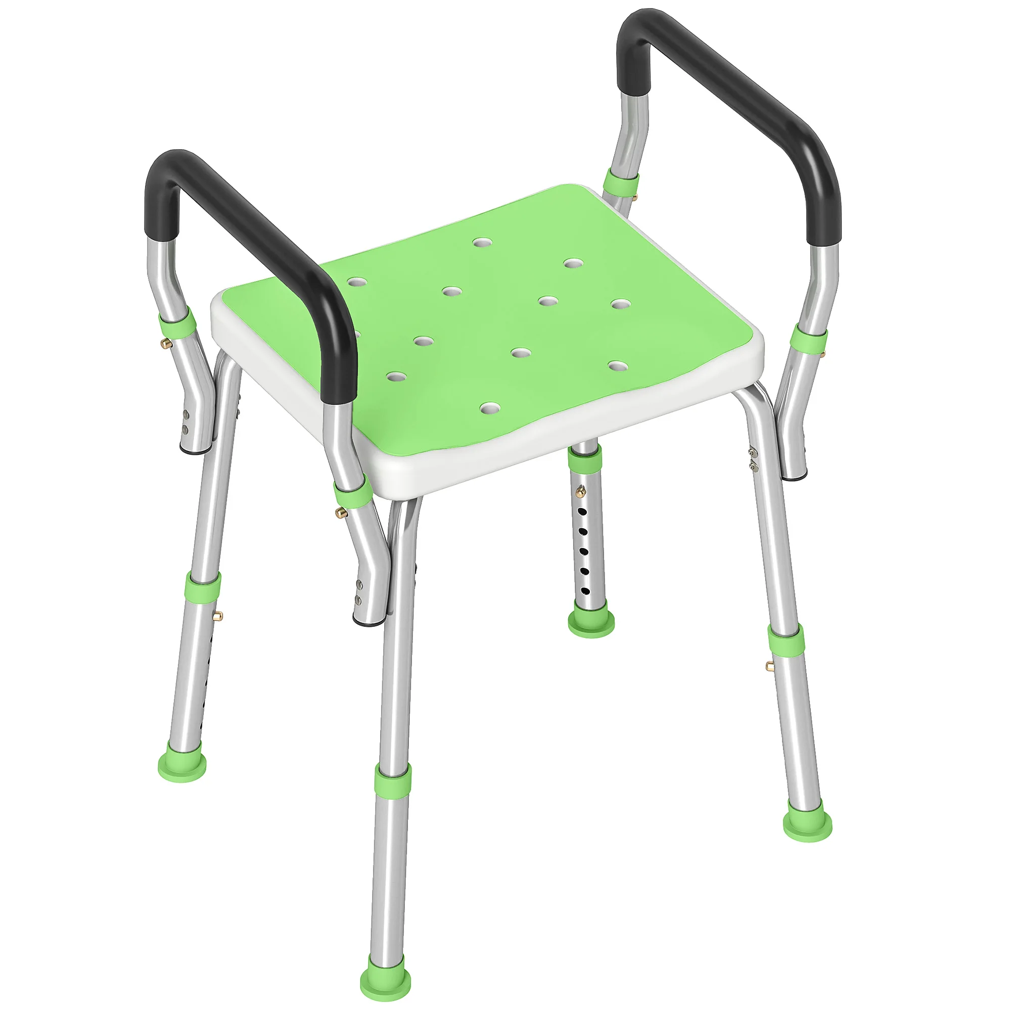 HOMCOM Silla de ducha para personas mayores y discapacitadas con reposabrazos, altura ajustable, almohadillas antideslizantes, silla de baño de aluminio inoxidable, Verde