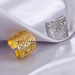 Hollow Rattanman Floral Pattern Openwork Ring for Women New Fashion Stainless Steel Gold Silver Color Finger Ring Jewelry Gift