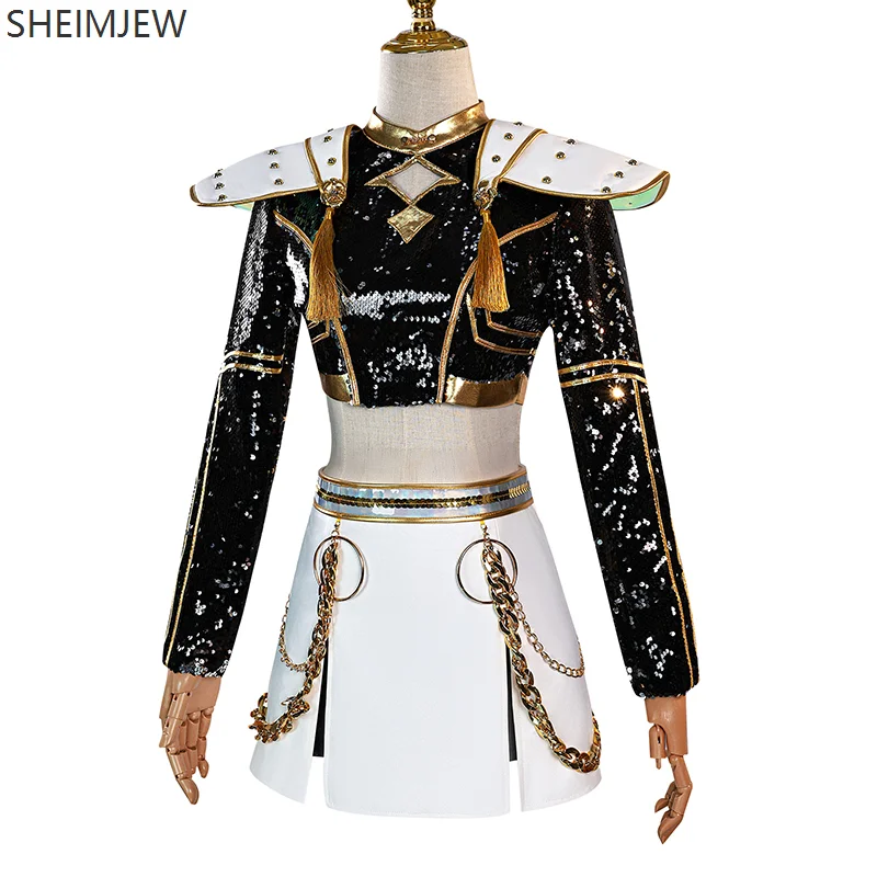 Rumi Zoey Mira Cosplay Kpop Demon Hunter Girls Group Cosplaykostuum Dames Zwart en Goud Paillettenset Halloween Feestset 2025